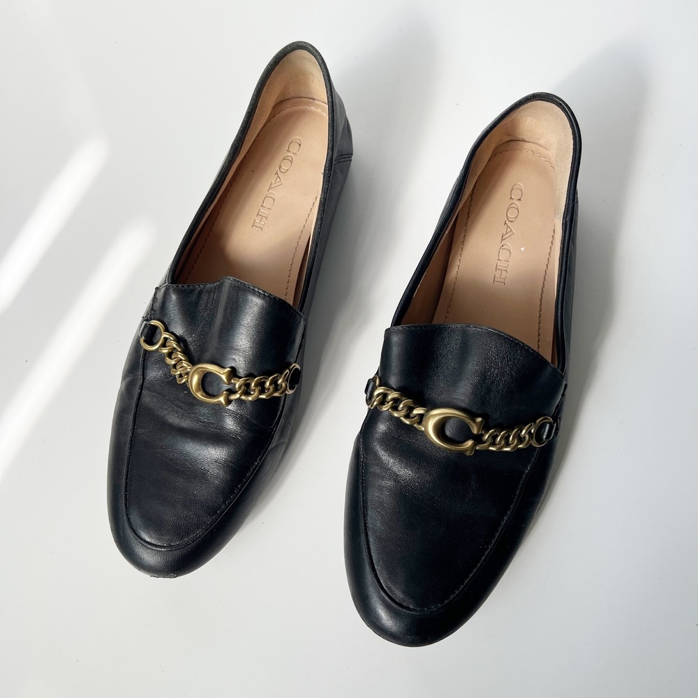Coach Helena Loafers Size 8 Black Leather Gold Chain Link C Logo Flats Shoes - Picture 4 of 11